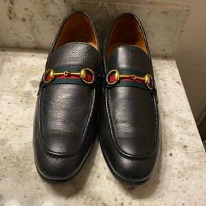 Authentic Black Gucci Striped Leather Loafers